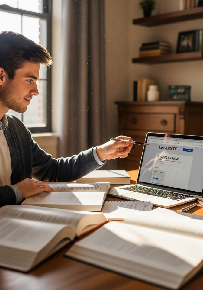 Joven sentado en un escritorio usando una laptop para investigar opciones de carreras universitarias y becas.