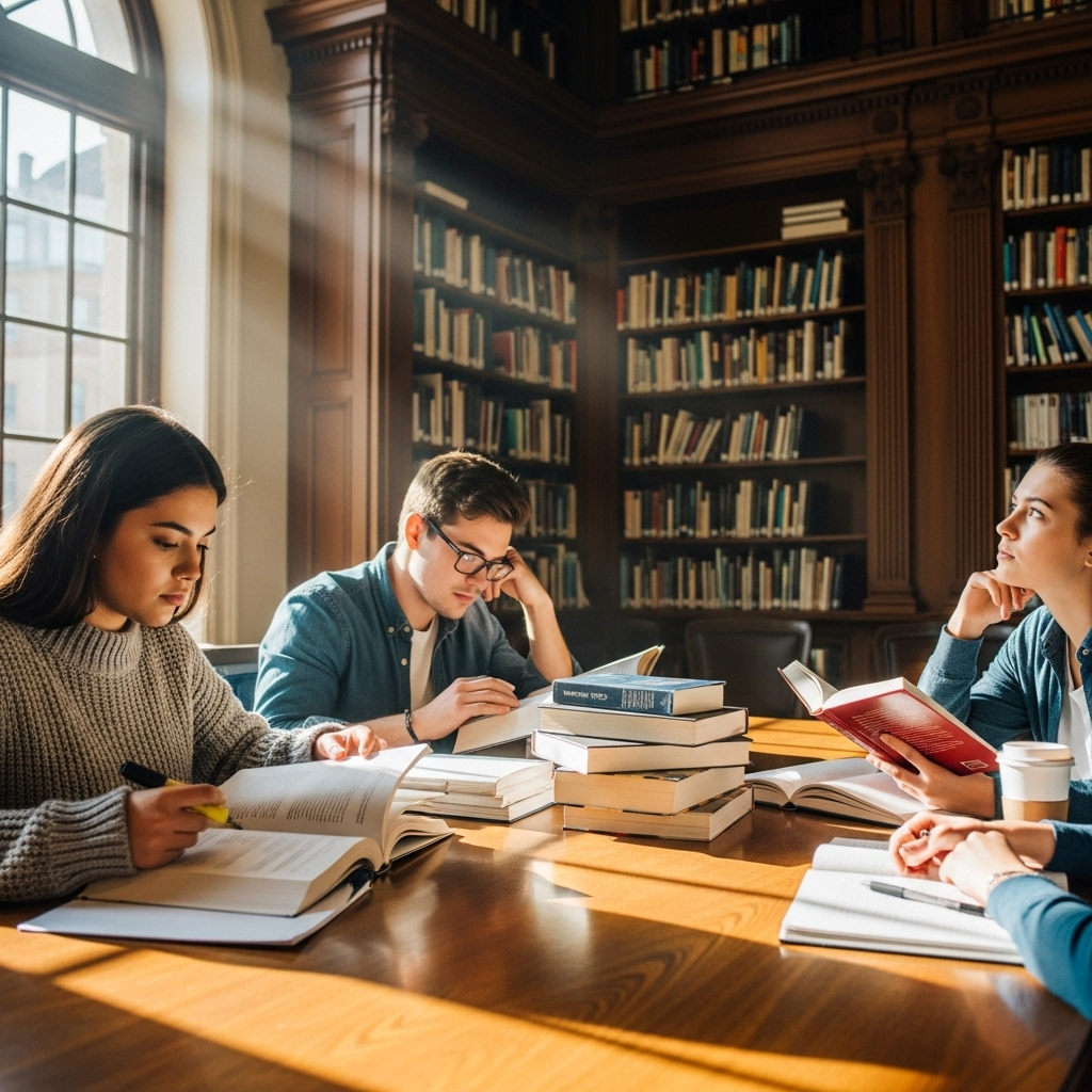 Grupo de estudiantes sentados en una biblioteca estudiando juntos y discutiendo opciones de carreras universitarias.