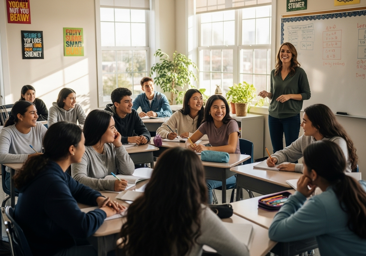 Salón de clases con estudiantes y un orientador vocacional discutiendo opciones de carreras universitarias.